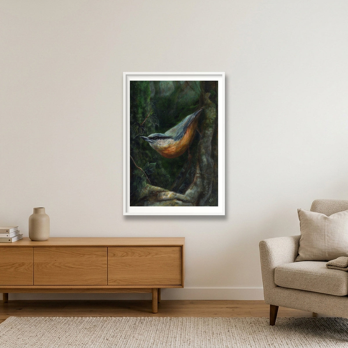 Nuthatch Fine Art Print — 70×100cm, 28×39" White Frame