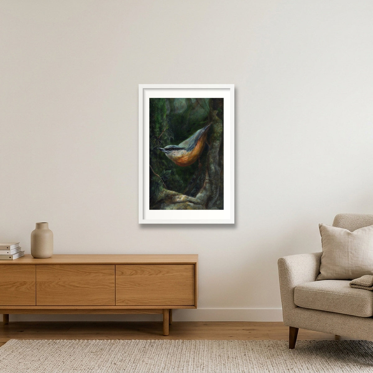 Nuthatch Fine Art Print — 40×60cm, 16×24" White Frame