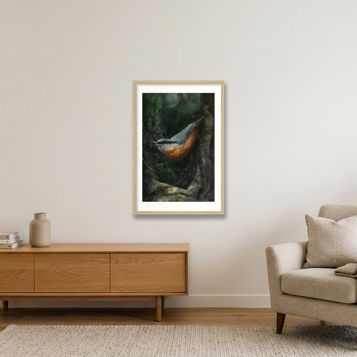Nuthatch Fine Art Print — 40×60cm, 16×24" Oak Frame