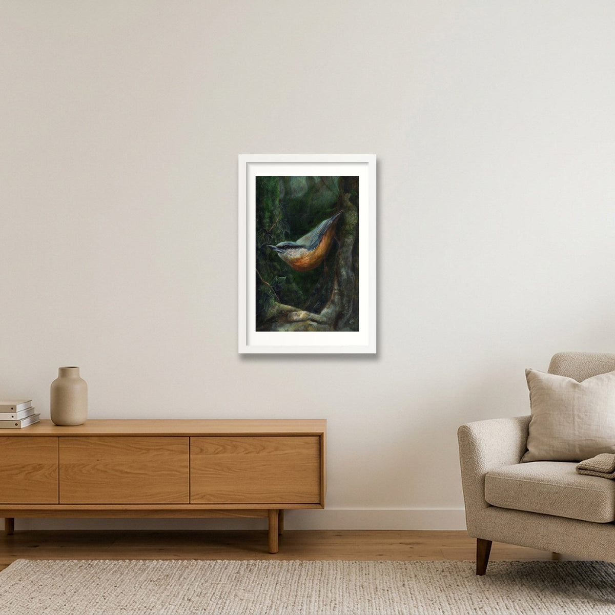 Nuthatch Fine Art Print — 30×45cm, 12×18" White Frame