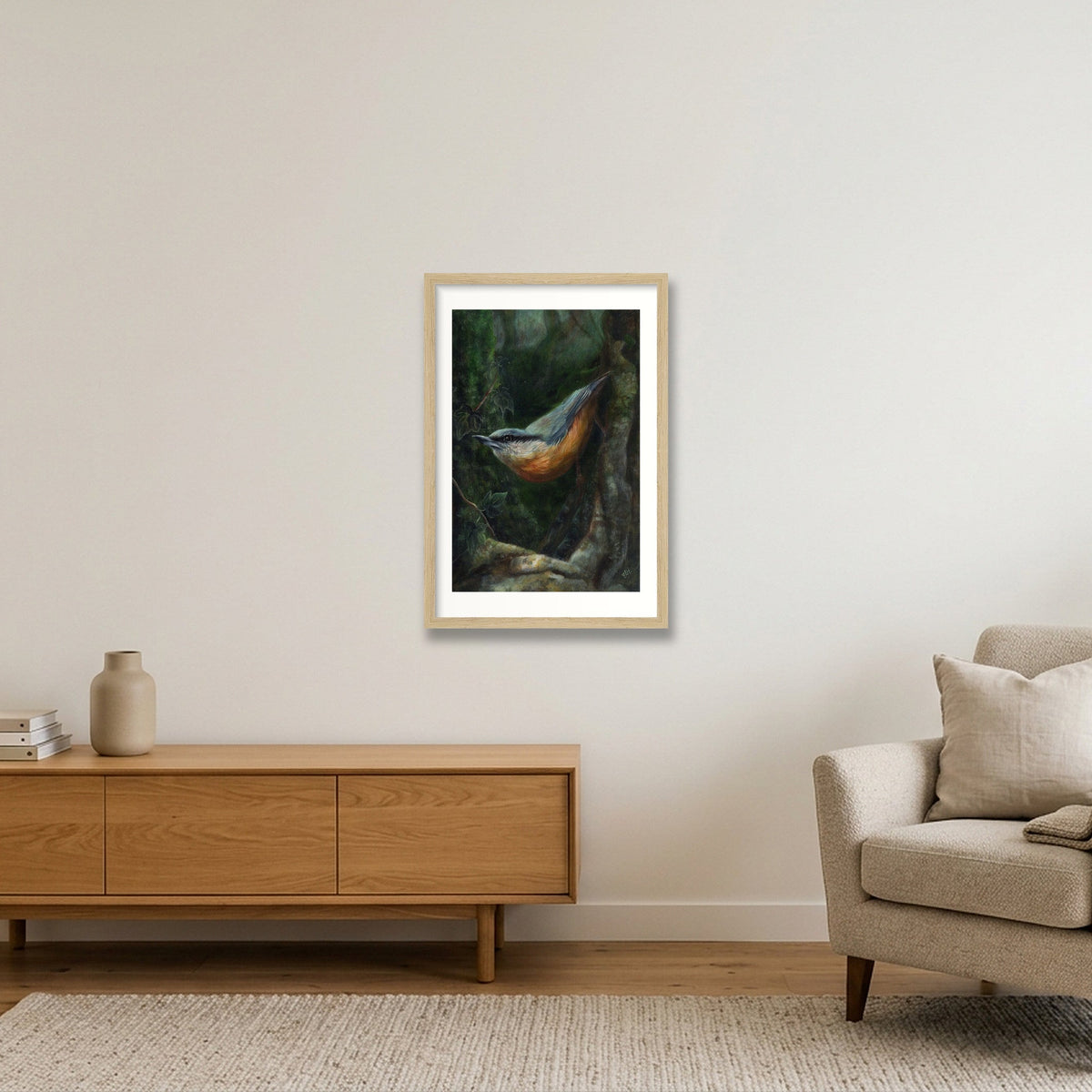 Nuthatch Fine Art Print — 30×45cm, 12×18" Oak Frame