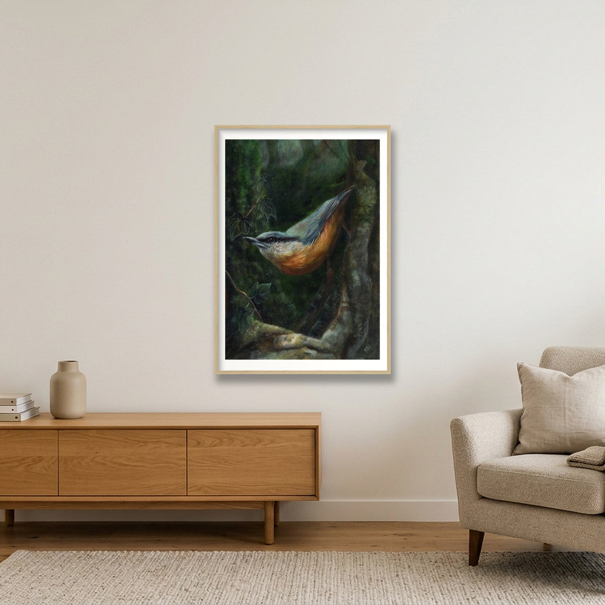 Nuthatch Fine Art Print — 70×100cm, 28×39" Oak Frame